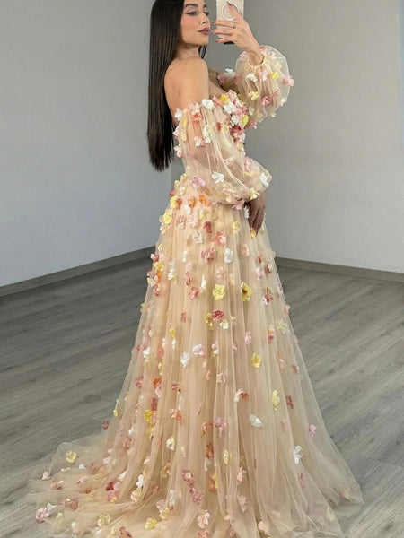 A Line Champagne Tulle Long Prom Dresses with Flowers, Champagne Floral Formal Graduation Evening Dresses SP3377