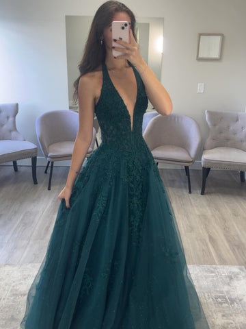 A Line Deep V Neck Dark Green Lace Long Prom Dresses, Dark Green Lace Formal Graduation Evening Dresses SP3323