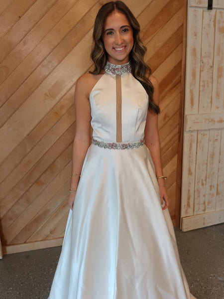 A Line Halter Neck Open Back White Long Prom Dresses with Belt, Beaded White Formal Graduation Evening Dresses SP3344