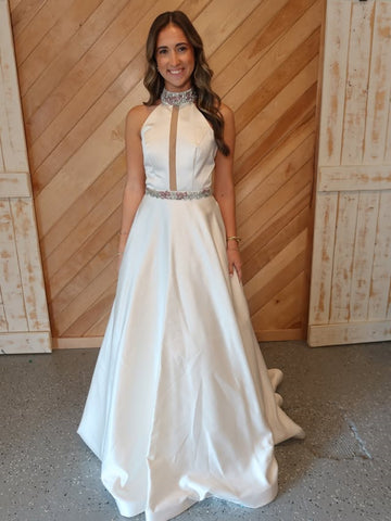 A Line Halter Neck Open Back White Long Prom Dresses with Belt, Beaded White Formal Graduation Evening Dresses SP3344