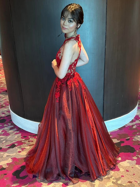 A Line High Neck Burgundy Lace Long Prom Dresses with Appliques, Burgundy Lace Formal Graduation Evening Dresses SP3140