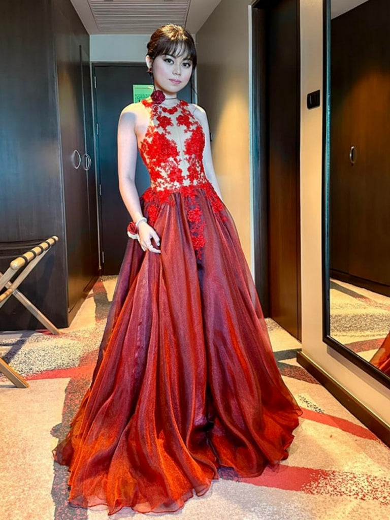 A Line High Neck Burgundy Lace Long Prom Dresses with Appliques, Burgu Shiny Party A Line High Neck Burgundy Lace Long Prom Dresses with Appliques, Burgu Shiny Party