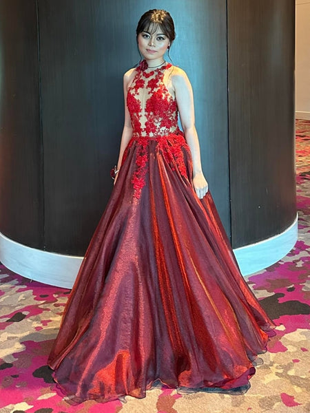 A Line High Neck Burgundy Lace Long Prom Dresses with Appliques, Burgundy Lace Formal Graduation Evening Dresses SP3140