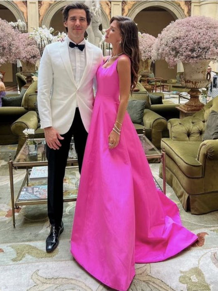 A Line Hot Pink Satin Long Prom Dresses with Pocket, Long Hot Pink Formal Graduation Evening Dresses SP2897