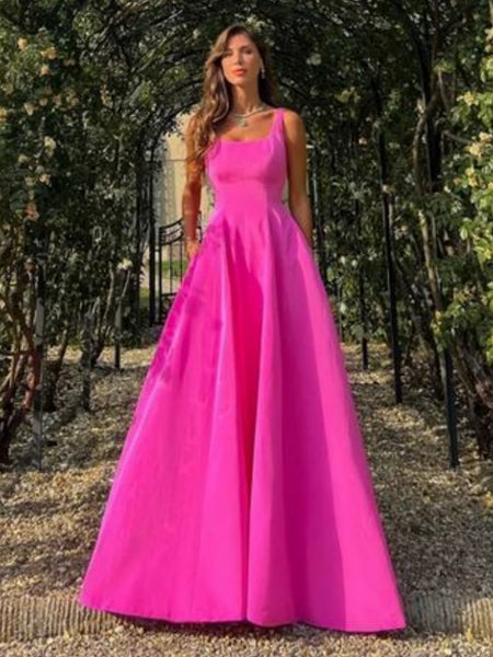 A Line Hot Pink Satin Long Prom Dresses with Pocket, Long Hot Pink Formal Graduation Evening Dresses SP2897