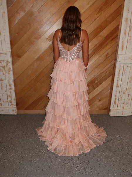 A Line Layered Pink Lace Long Prom Dresses with Slit, Pink Lace Formal Dresses, Pink Evening Dresses SP3345