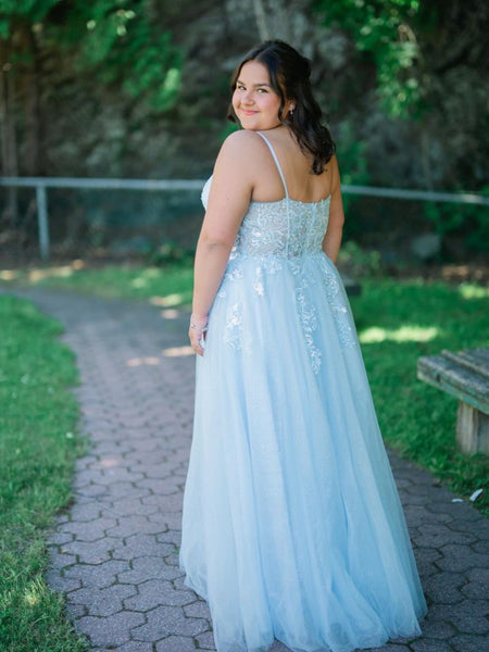 A Line Light Blue Lace Long Prom Dresses, Light Blue Lace Formal Graduation Evening Dresses SP3139