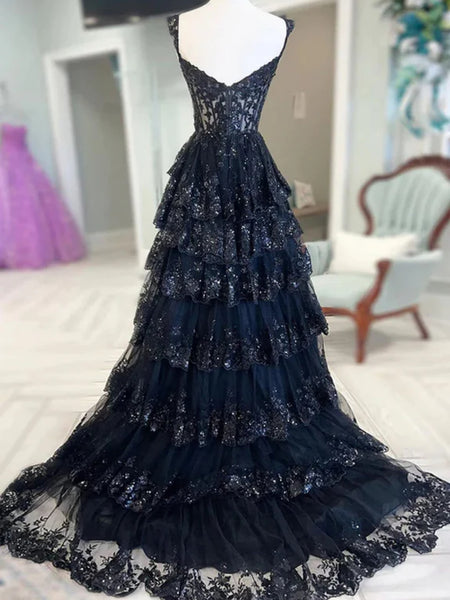 A Line Navy Blue Lace Layered Long Prom Dresses with High Slit, Navy Blue Lace Formal Dresses, Navy Blue Evening Dresses SP2920