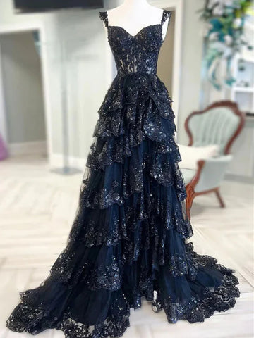 A Line Navy Blue Lace Layered Long Prom Dresses with High Slit, Navy Blue Lace Formal Dresses, Navy Blue Evening Dresses SP2920