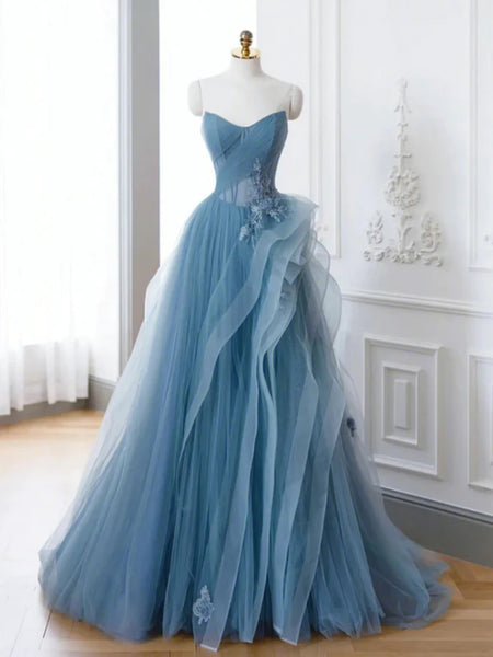 A Line Off Shoulder Blue Lace Long Prom Dresses, Blue Tulle Formal Dresses, Blue Evening Dresses with Appliques SP2911