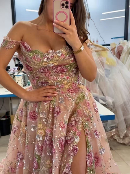 A Line Off the Shoulder Pink Lace Floral Long Prom Dresses with Slit, Off Shoulder Formal Evening Dresses with Appliques SP3489