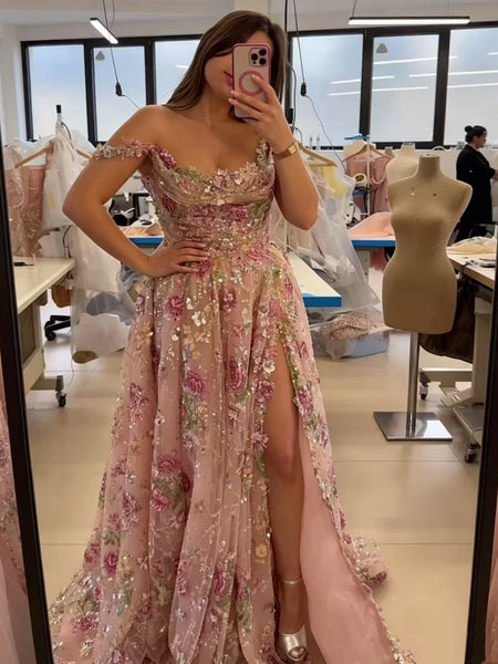 A Line Off the Shoulder Pink Lace Floral Long Prom Dresses with Slit, Off Shoulder Formal Evening Dresses with Appliques SP3489