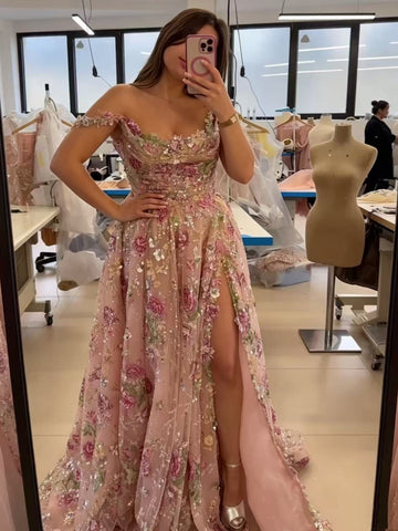 A Line Off the Shoulder Pink Lace Floral Long Prom Dresses with Slit, Off Shoulder Formal Evening Dresses with Appliques SP3489