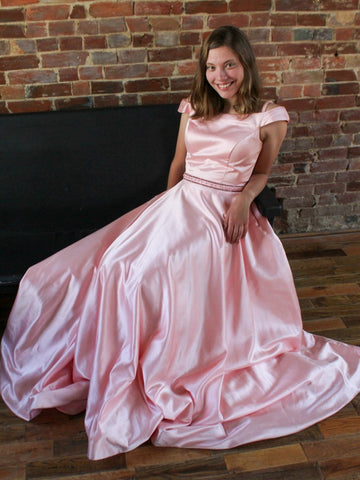 A Line Off the Shoulder Pink Satin Long Prom Dresses with Belt, Pink Formal Graduation Evening Dresses SP3222