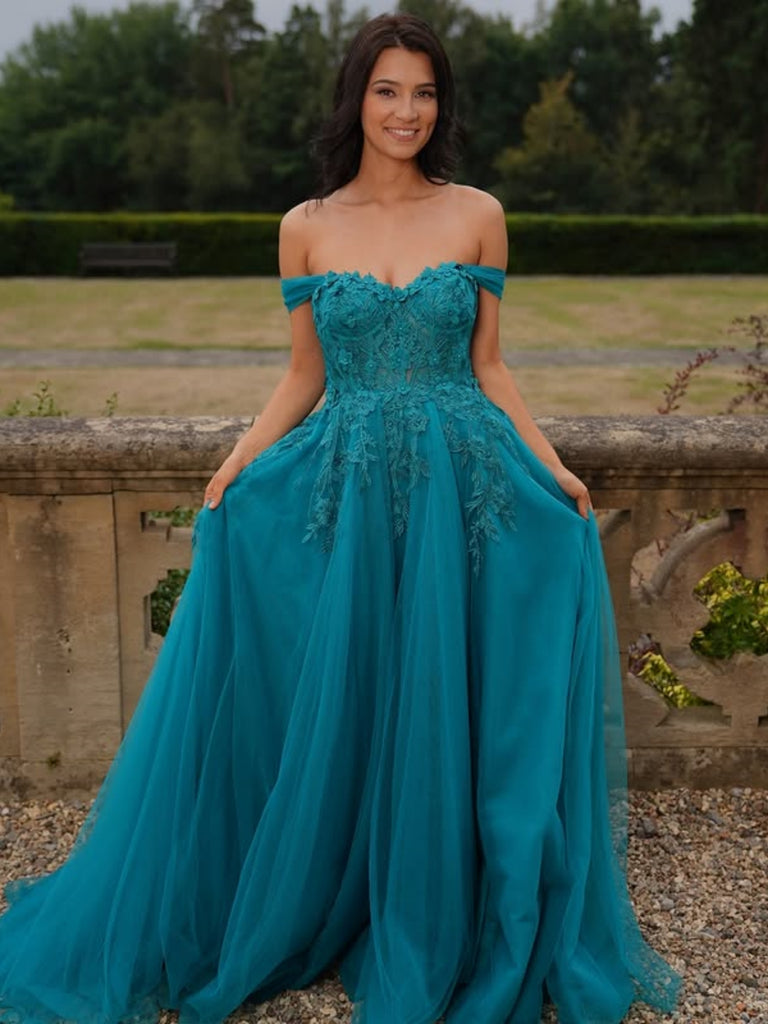 A Line Off the Shoulder Teal Lace Long Prom Dresses, Teal Lace Formal Graduation Evening Dresses SP3411 A Line Off the Shoulder Teal Lace Long Prom Dresses, Teal Lace Formal Graduation Evening Dresses SP3411
