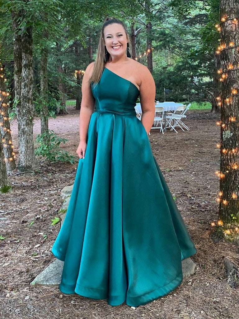 A Line One Shoulder Green Satin Long Prom Dresses with Pocket, One Sho Shiny Party A Line One Shoulder Green Satin Long Prom Dresses with Pocket, One Sho Shiny Party