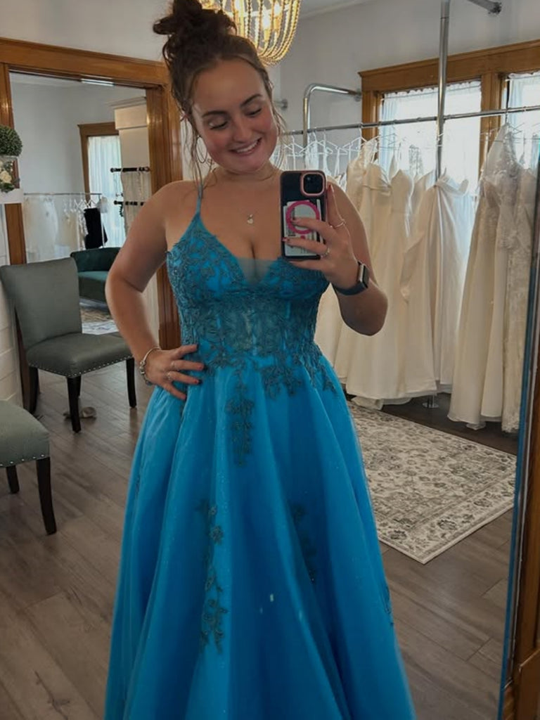 A Line Open Back Blue Lace Long Prom Dresses, Blue Lace Formal Dresses, Blue Evening Dresses SP3389