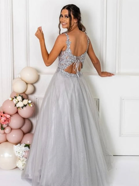 A Line Open Back Gray Lace Long Prom Dresses, Gray Lace Formal Dresses, Gray Evening Dresses SP3406
