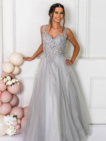 A Line Open Back Gray Lace Long Prom Dresses, Gray Lace Formal Dresses, Gray Evening Dresses SP3406
