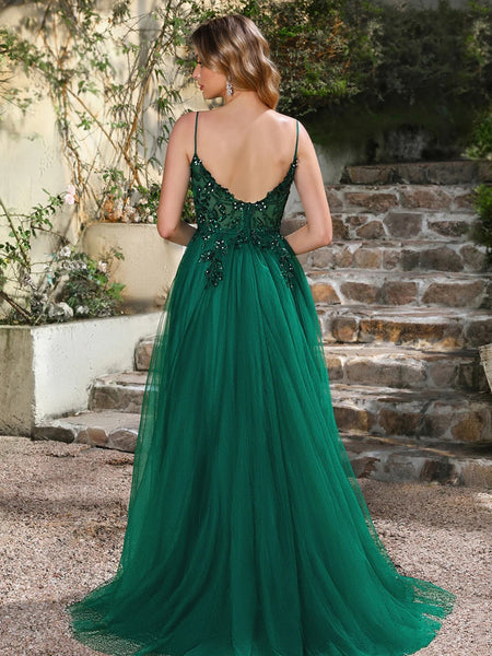 A Line Open Back Green Lace Long Prom Dresses, Green Lace Formal Dresses, Green Evening Dresses SP3233
