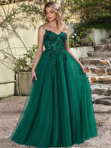 A Line Open Back Green Lace Long Prom Dresses, Green Lace Formal Dresses, Green Evening Dresses SP3233