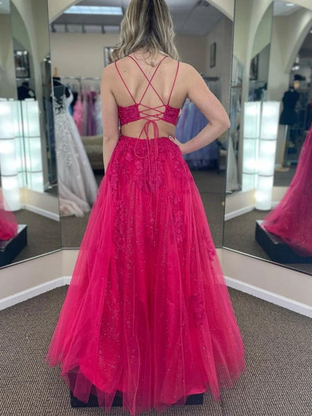 A Line Open Back Hot Pink Lace Long Prom Dresses with High Slit, Hot Pink Lace Formal Graduation Evening Dresses SP2904