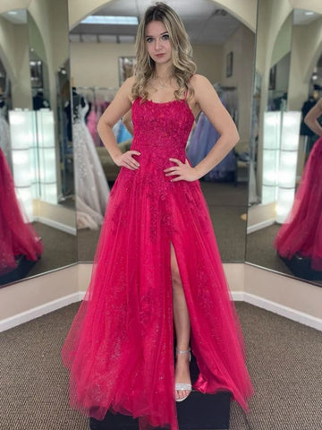 A Line Open Back Hot Pink Lace Long Prom Dresses with High Slit, Hot Pink Lace Formal Graduation Evening Dresses SP2904