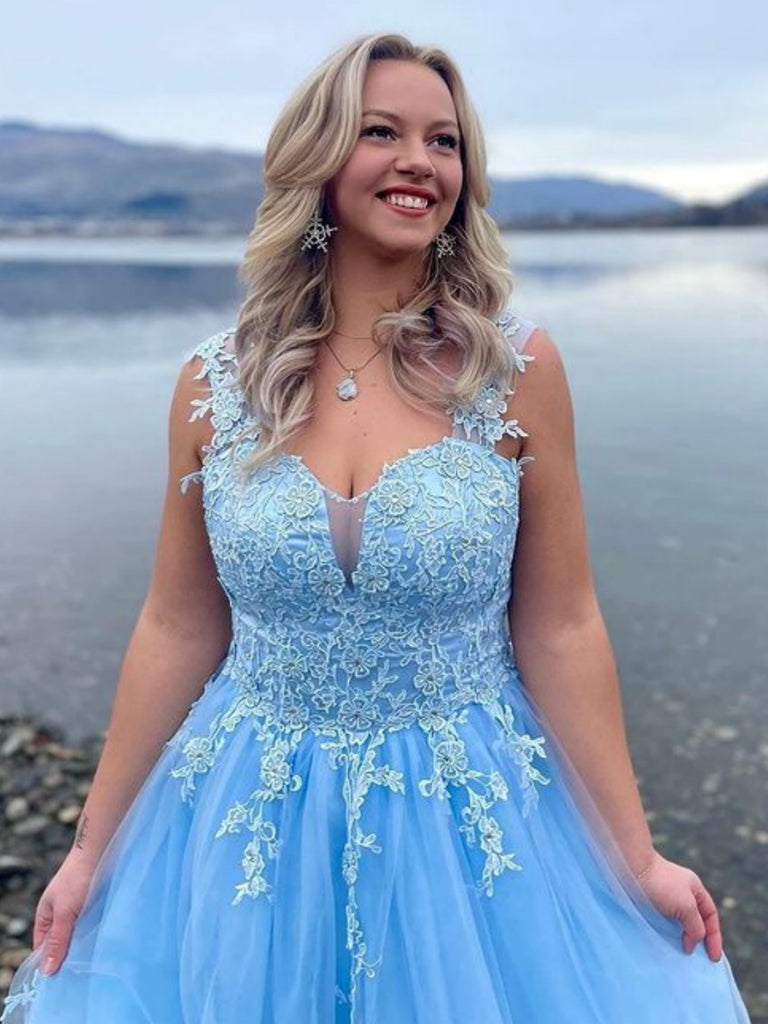 prom dresses for blonde hair A Line Open Back Light Blue Lace Long Prom Dresses, Light Blue Lace Fo – Shiny Party