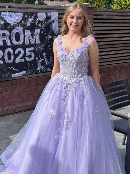 A Line Open Back Lilac Lace Floral Long Prom Dresses, Lilac Formal Evening Dresses SP3336