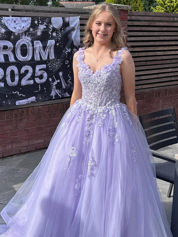 A Line Open Back Lilac Lace Floral Long Prom Dresses, Lilac Formal Evening Dresses SP3336