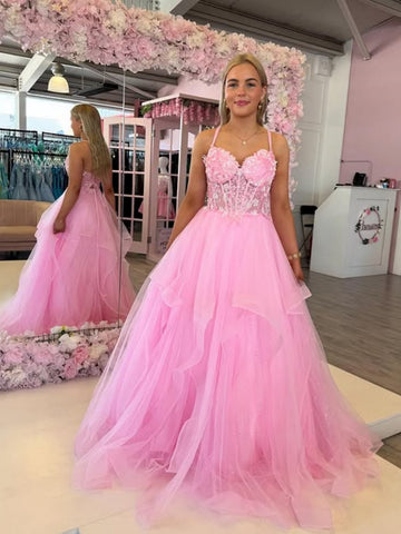 A Line Open Back Pink Lace Long Prom Dresses, Fluffy Pink Lace Formal Dresses, Pink Evening Dresses SP3294