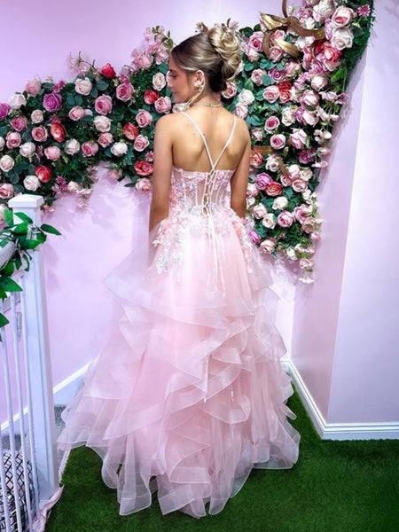 A Line Open Back Pink Lace Long Prom Dresses, Pink Lace Formal Dresses, Pink Tulle Evening Dresses SP3405
