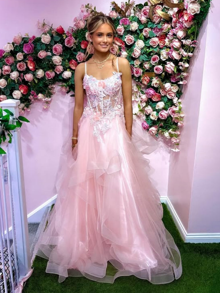 A Line Open Back Pink Lace Long Prom Dresses, Pink Lace Formal Dresses, Pink Tulle Evening Dresses SP3405