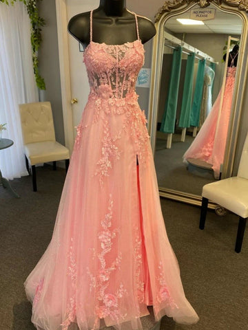 A Line Open Back Pink Lace Long Prom Dresses with Slit, Pink Lace Formal Dresses, Pink Evening Dresses with Appliques SP3290