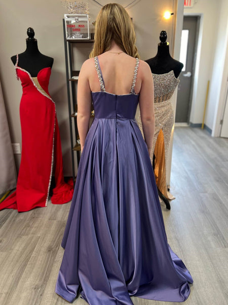 A Line Open Back Purple Satin Long Prom Dresses with Pocket, Beaded Purple Formal Graduation Evening Dresses SP3079