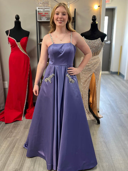 A Line Open Back Purple Satin Long Prom Dresses with Pocket, Beaded Purple Formal Graduation Evening Dresses SP3079