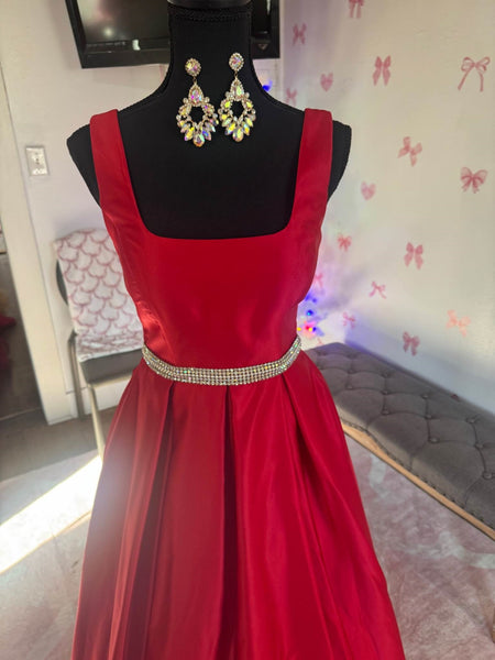 A Line Open Back Red Satin Long Prom Dresses with Belt, Long Red Formal Graduation Evening Dresses SP3073