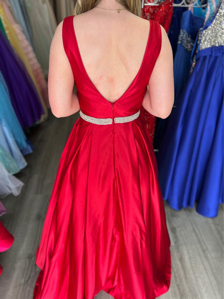 A Line Open Back Red Satin Long Prom Dresses with Belt, Long Red Formal Graduation Evening Dresses SP3073