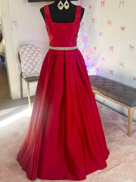 A Line Open Back Red Satin Long Prom Dresses with Belt, Long Red Formal Graduation Evening Dresses SP3073