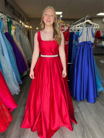 A Line Open Back Red Satin Long Prom Dresses with Belt, Long Red Formal Graduation Evening Dresses SP3073