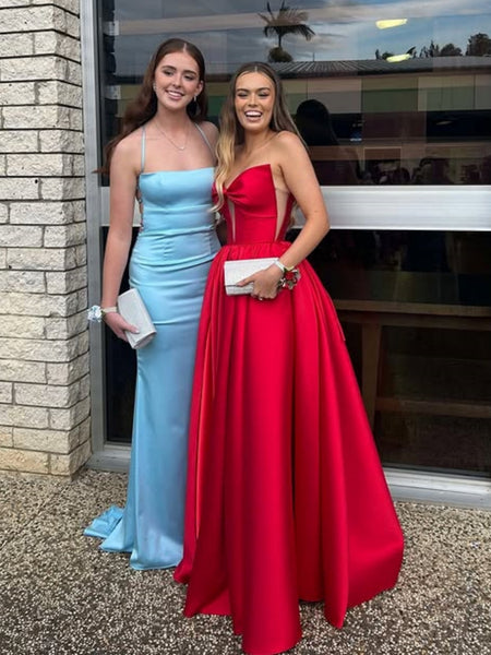 A Line Open Back Red Satin Long Prom Dresses with Bow, Long Red Formal Graduation Evening Dresses SP3216