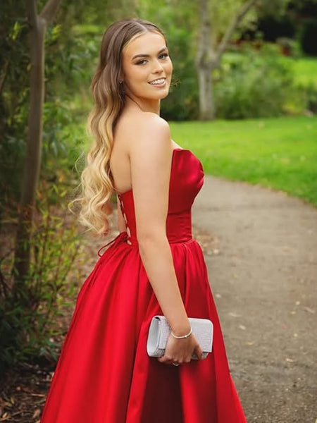 A Line Open Back Red Satin Long Prom Dresses with Bow, Long Red Formal Graduation Evening Dresses SP3216