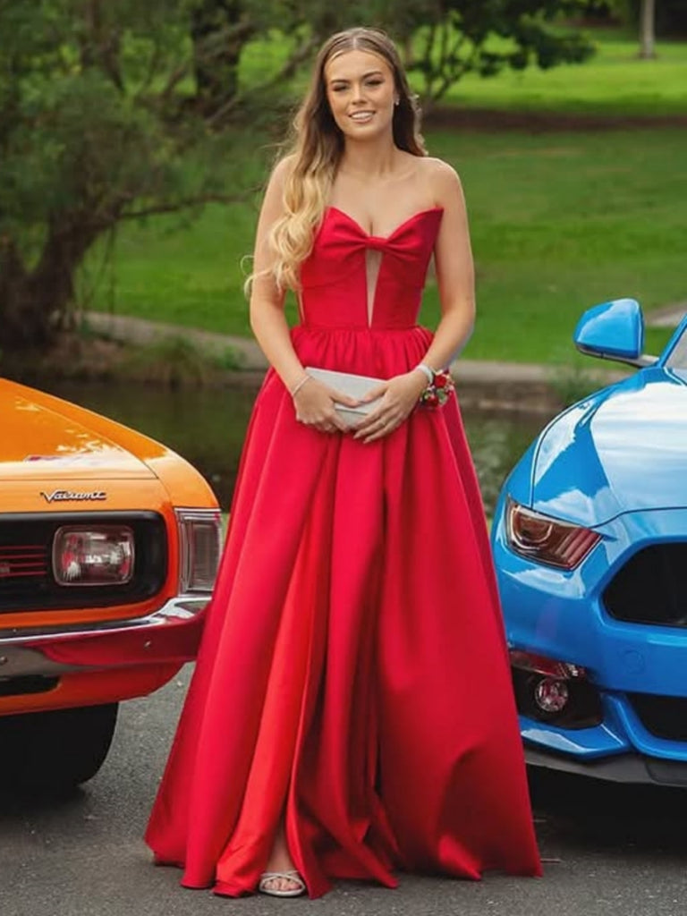 A Line Open Back Red Satin Long Prom Dresses with Bow, Long Red Formal Shiny Party A Line Open Back Red Satin Long Prom Dresses with Bow, Long Red Formal Shiny Party
