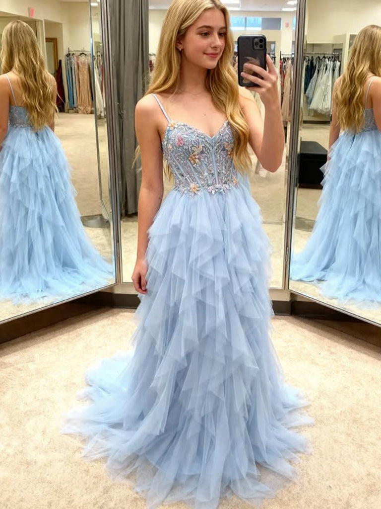 A Line Ruffle Light Blue Tulle Lace Long Prom Dresses, Light Blue Lace Formal Dresses, Light Blue Evening Dresses SP3351