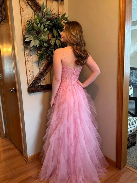 A Line Ruffle Pink Lace Long Prom Dresses, Pink Tulle Formal Graduation Evening Dresses SP3501