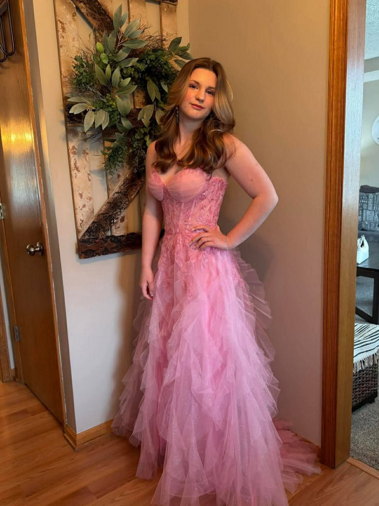 A Line Ruffle Pink Lace Long Prom Dresses, Pink Tulle Formal Graduation Evening Dresses SP3501
