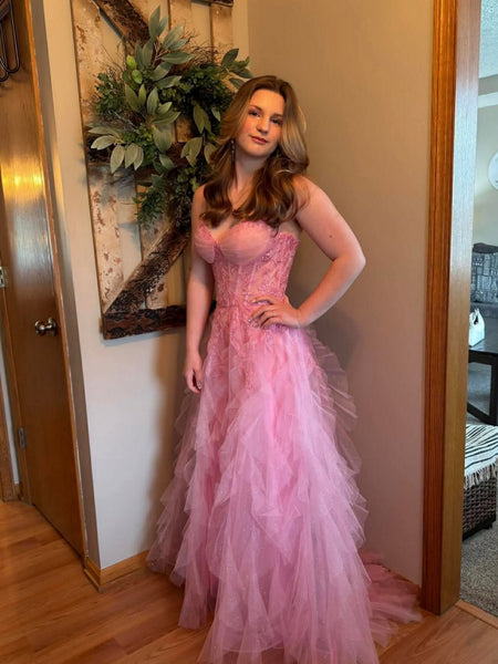 A Line Ruffle Pink Lace Long Prom Dresses, Pink Tulle Formal Graduation Evening Dresses SP3501