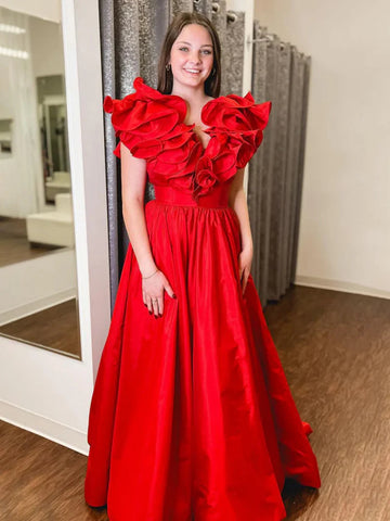 A Line Ruffle V Neck Red Satin Long Prom Dresses, Long Red Formal Graduation Evening Dresses SP3069