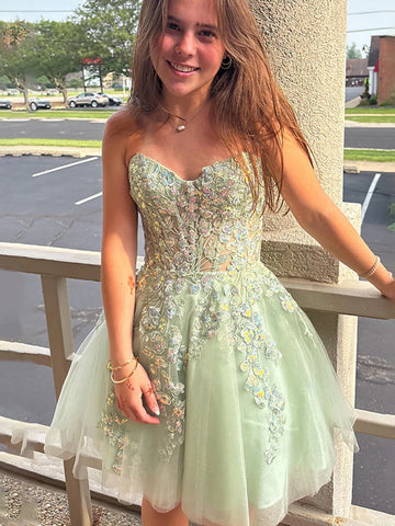 A Line Sage Lace Short Prom Dresses, Sage Lace Homecoming Dresses SP3277