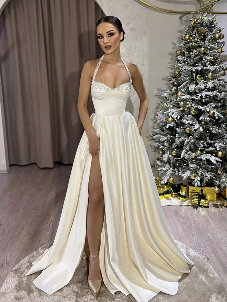 A Line Sequins Top White Satin Long Prom Dresses with High Slit, Long Shiny Party A Line Sequins Top White Satin Long Prom Dresses with High Slit, Long Shiny Party